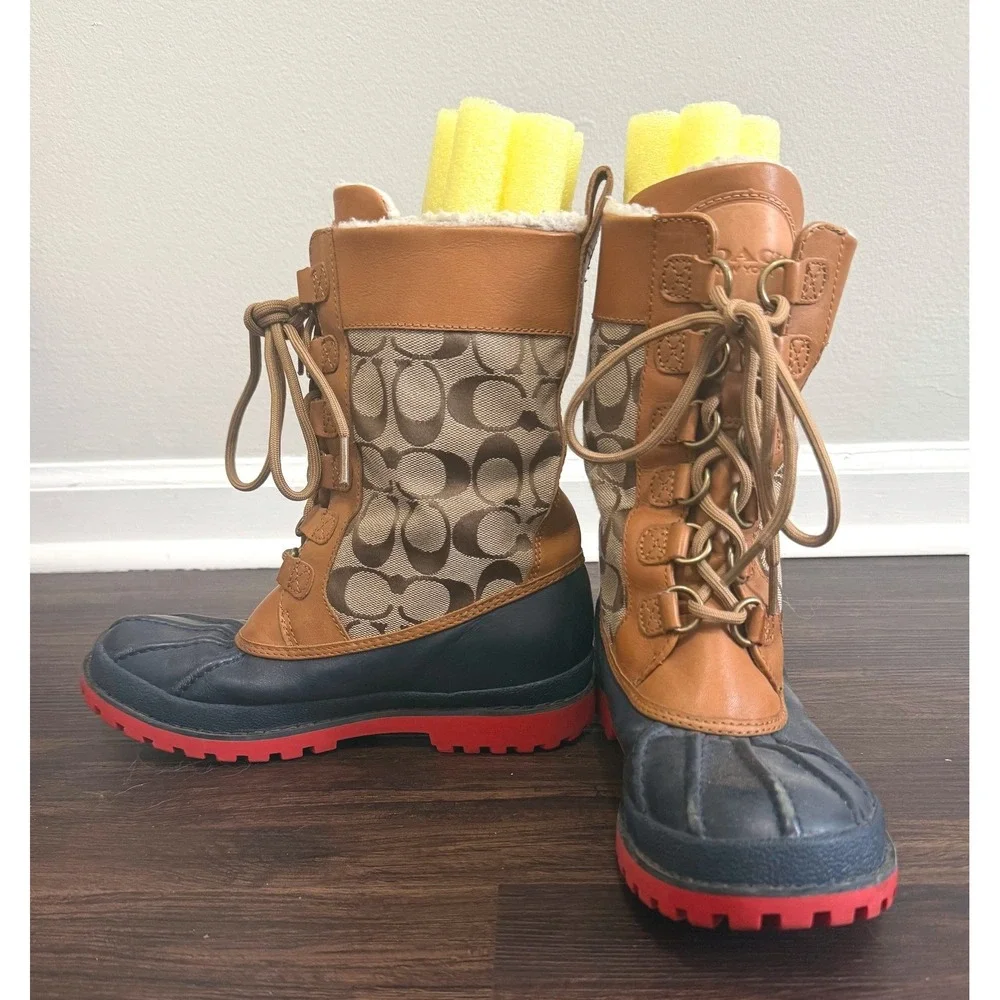 Coach Women's Laura Brown Leather Signature Monogram Lace Up Duck Boots Size 6.5